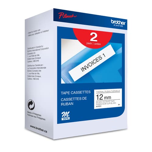 Brother MK2312PK Ruban non laminé blanc avec texte noir authentique (ens. de 2) pour P-touch, 12 mm (L) x 8 m de (l)
