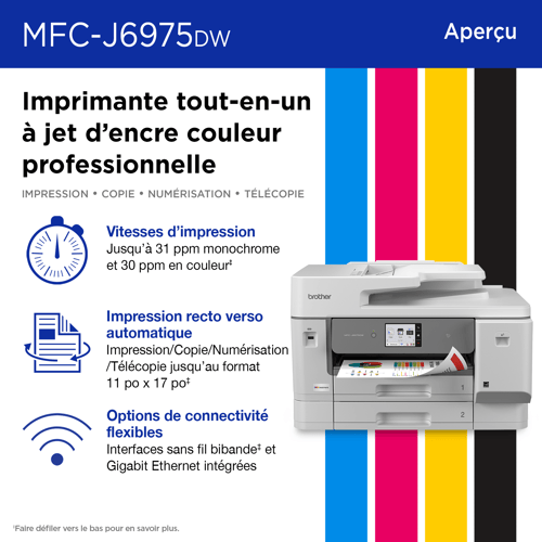 Brother MFC-J6975DW Imprimante tout-en-un à jet d’encre couleur professionnelle économique avec fonctions d’impression, de numérisation, de copie et de télécopie au format 11 po x 17 po et fonctions de sécurité avancées