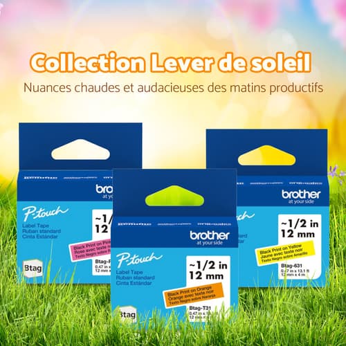 Ensemble de 3 rubans non laminés de la série BTAG pour étiqueteuses P-Touch authentique de Brother de la collection Lever de soleil (rose avec texte noir, orange avec texte noir, jaune avec texte noir), 12 mm (L) x 4 m de (l)