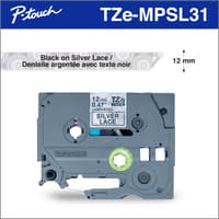 Brother TZeMPSL31 Ruban dentelle argentée avec texte noir authentique 12 mm pour étiqueteuses P-touch