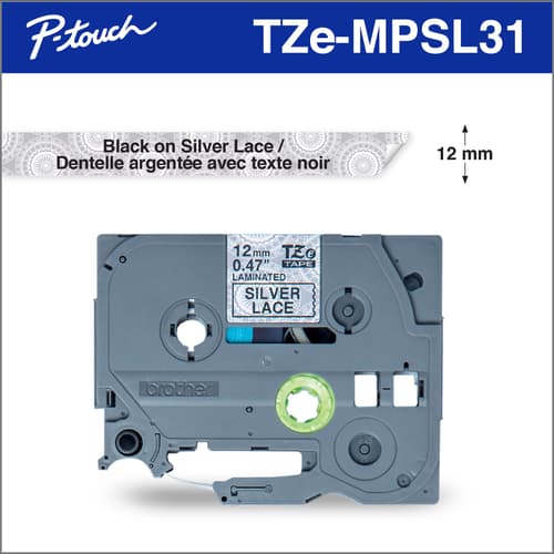 Brother TZeMPSL31 Ruban dentelle argentée avec texte noir authentique pour étiqueteuses P-touch, 12 mm de largeur x 4 m de longueur