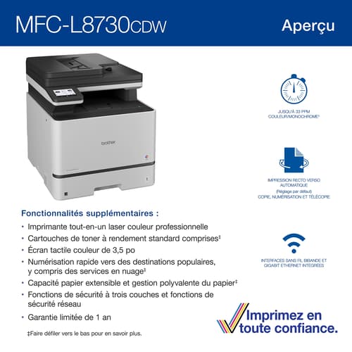 Brother MFC-L8730CDW Imprimante tout-en-un laser couleur professionnelle avec impression, numérisation et copie recto verso et réseautage sans fil