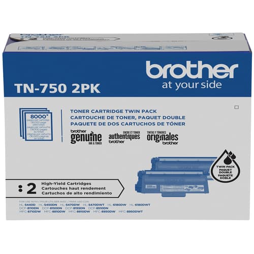 Brother TN750 Ensemble de 2 cartouches de toner noir authentiques à haut rendement