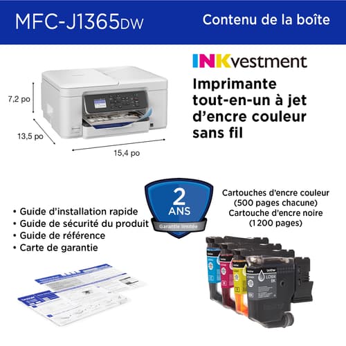 Brother MFC-J1365DW Imprimante tout-en-un à jet d’encre couleur sans fil INKvestment avec impression recto verso automatique et écran couleur de 1,8 po