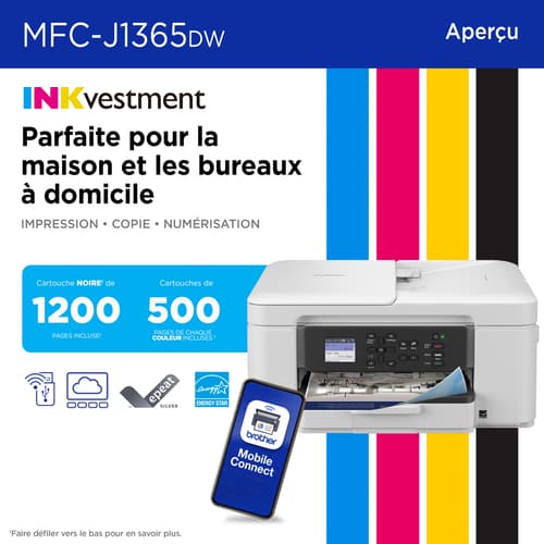 Brother MFC-J1365DW Imprimante tout-en-un à jet d’encre couleur sans fil INKvestment avec impression recto verso automatique et écran couleur de 1,8 po