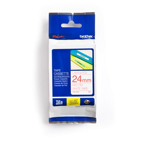 Brother TZe252G Ruban laminé blanc avec texte rouge authentique pour étiqueteuses P-touch, 24 mm de largeur x 8 m de longueur