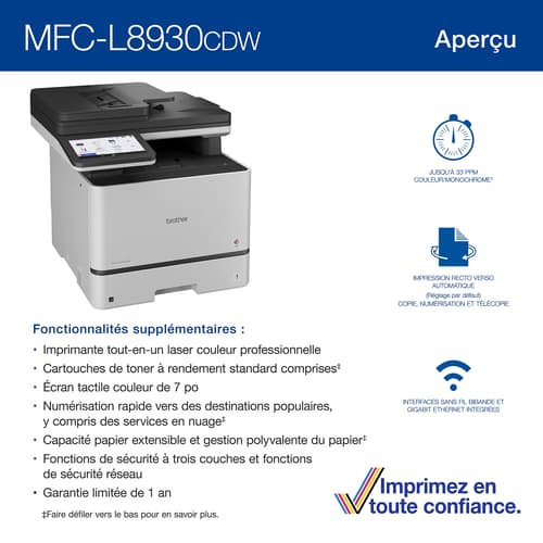 Brother MFC-L8930CDW Imprimante tout-en-un laser couleur professionnelle économique avec impression, numérisation et copie recto verso