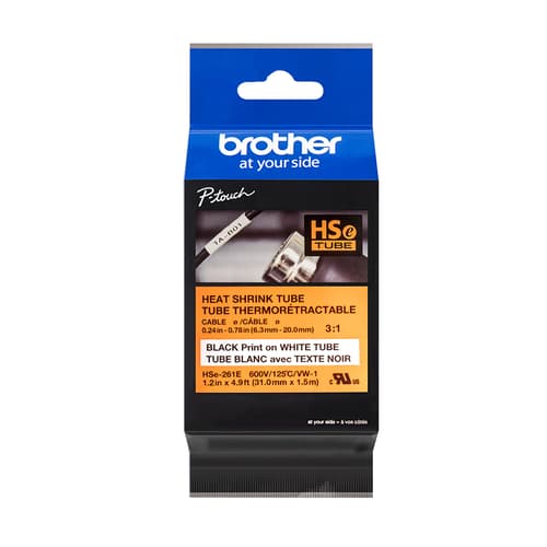Brother HSe-261E Ruban pour tubes thermorétractables authentique blanc avec texte noir de 31 mm (1,22 po) [ratio de rétraction de 3:1]