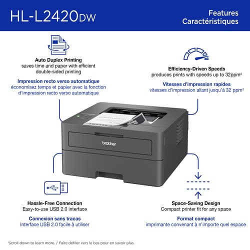 Brother HL-L2420DW Imprimante laser monochrome compacte sans fil avec fonction d’impression recto verso et impression à partir d’appareils mobiles.