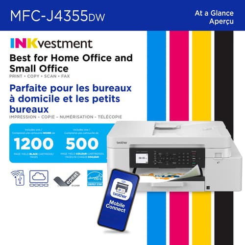 Brother MFC-J4355DW Imprimante tout-en-un à jet d’encre couleur sans fil INKvestment avec écran couleur de 1,8 po et fente d’alimentation manuelle