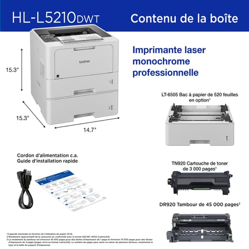 Brother HL-L5210DWT Imprimante laser monochrome professionnelle avec 2 bacs à papier, réseautage sans fil et impression recto verso