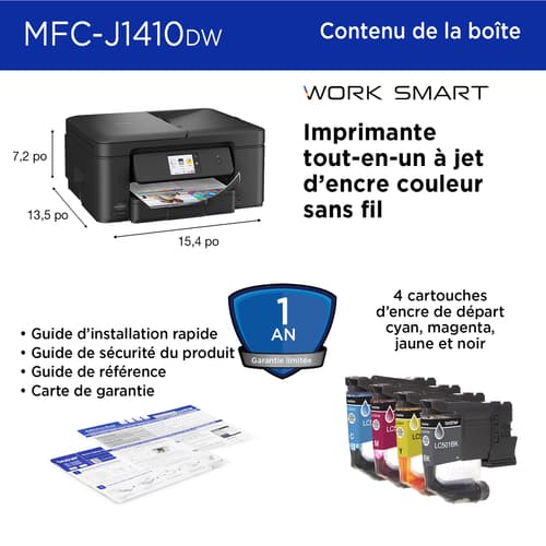 Brother MFC-J1410DW Imprimante tout-en-un à jet d’encre couleur sans fil Work Smart avec écran couleur de 2,7 po et impression recto verso automatique