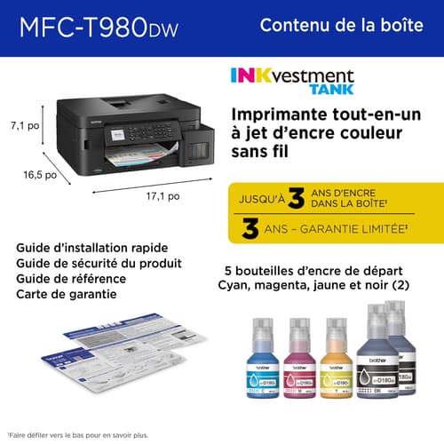 Brother MFC-T980DW Imprimante tout-en-un à jet d’encre couleur sans fil et Ethernet INKvestment Tank avec bac multi-usage