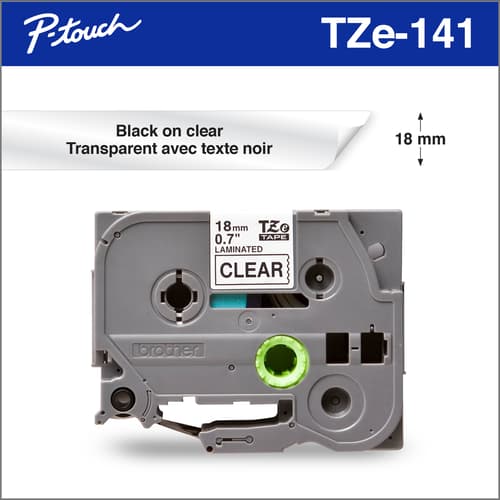 Brother TZe141 Ruban laminé transparent avec texte noir authentique pour étiqueteuses P-touch, 18 mm de largeur x 8 m de longueur