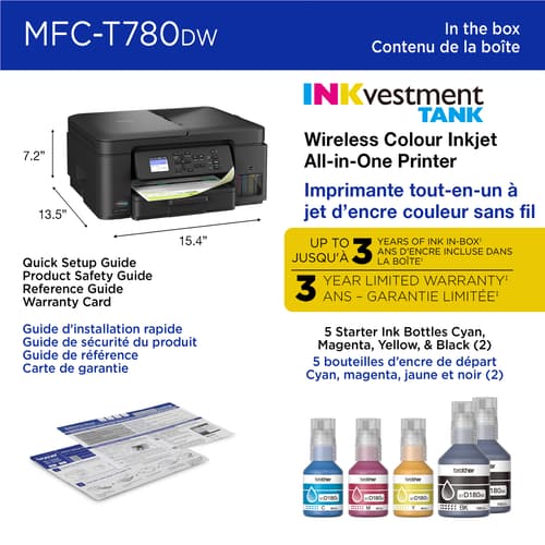 Brother MFC-T780DW Imprimante tout-en-un à jet d’encre couleur sans fil INKvestment Tank avec impression recto vers et 3 ans d’encre