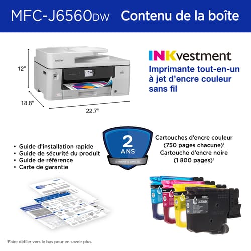 Brother MFC-J6560DW Imprimante tout-en-un à jet d’encre couleur sans fil INKvestment avec impression au format 11 po x 17 po et écran tactile couleur de 2,7 po