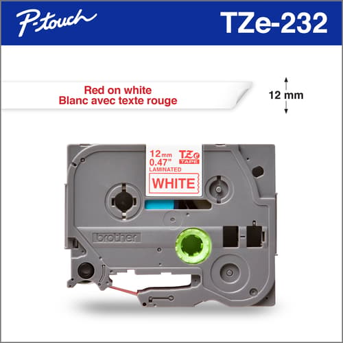 Brother TZe232 Ruban laminé blanc avec texte rouge authentique pour étiqueteuses P-touch, 12 mm de largeur x 8 m de longueur