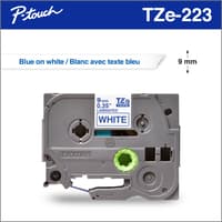 Brother TZe223 Ruban laminé blanc avec texte bleu authentique pour étiqueteuses P-touch, 9 mm de largeur x 8 m de longueur