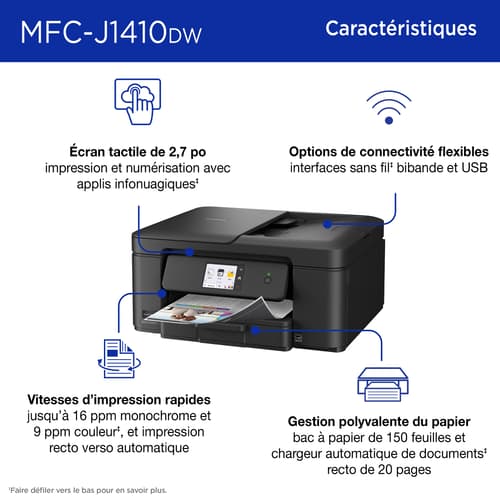 Brother MFC-J1410DW Imprimante tout-en-un à jet d’encre couleur sans fil Work Smart avec écran couleur de 2,7 po et impression recto verso automatique