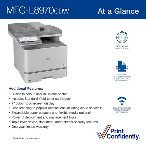 Brother MFC-L8970CDW Imprimante tout-en-un laser couleur professionnelle avec impression, numérisation et copie recto verso et fonctions de sécurité avancées