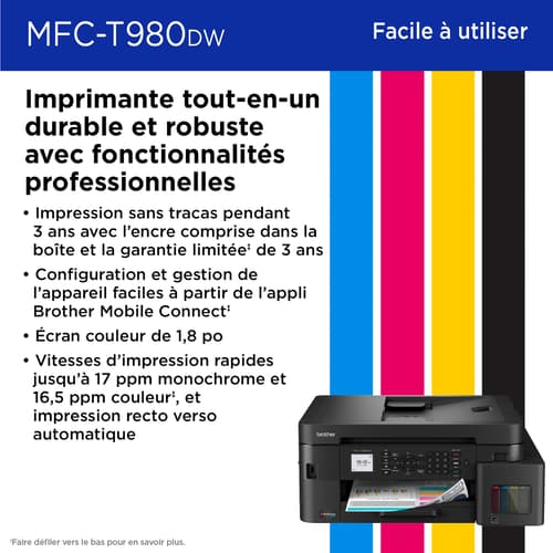Brother MFC-T980DW Imprimante tout-en-un à jet d’encre couleur sans fil et Ethernet INKvestment Tank avec bac multi-usage