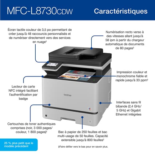 Brother MFC-L8730CDW Imprimante tout-en-un laser couleur professionnelle avec impression, numérisation et copie recto verso et réseautage sans fil
