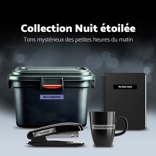 Ensemble de 3 rubans non laminés de la série BTAG pour étiqueteuses P-Touch authentique de Brother de la collection Nuit étoilée (transparent avec texte noir, noir avec texte blanc, violet avec texte noir), 12 mm (L) x 4 m de (l)