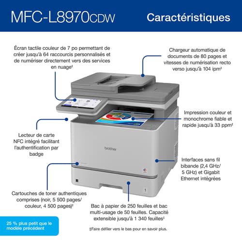 Brother MFC-L8970CDW Imprimante tout-en-un laser couleur professionnelle avec impression, numérisation et copie recto verso et fonctions de sécurité avancées