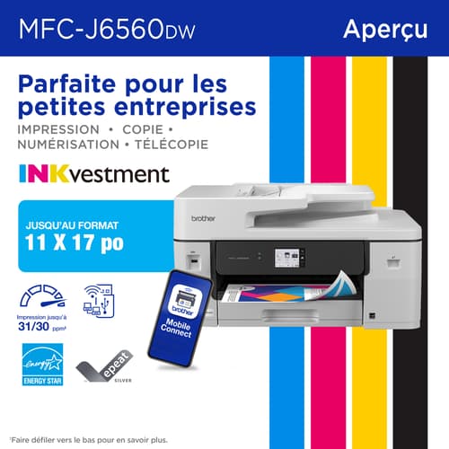 Brother MFC-J6560DW Imprimante tout-en-un à jet d’encre couleur sans fil INKvestment avec impression au format 11 po x 17 po et écran tactile couleur de 2,7 po