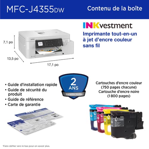Brother MFC-J4355DW Imprimante tout-en-un à jet d’encre couleur sans fil INKvestment avec écran couleur de 1,8 po et fente d’alimentation manuelle