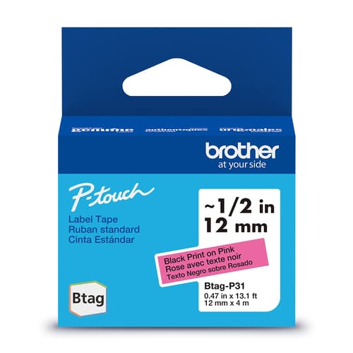 Brother BTAGP31 Ruban non laminé rose avec texte noir authentique pour étiqueteuse P-touch, 12 mm (L) x 4 m (l)