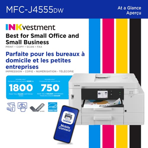 Brother MFC-J4555DW Imprimante tout-en-un à jet d’encre couleur sans fil INKvestment Tank avec écran couleur de 2,7 po et bacs à papier