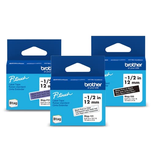 Ensemble de 3 rubans non laminés de la série BTAG pour étiqueteuses P-Touch authentique de Brother de la collection Nuit étoilée (transparent avec texte noir, noir avec texte blanc, violet avec texte noir), 12 mm (L) x 4 m de (l)