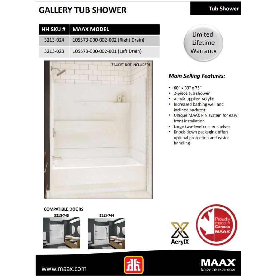 MAAX Gallery 2 Piece AcrylX Left Hand Tub and Shower Less Cap