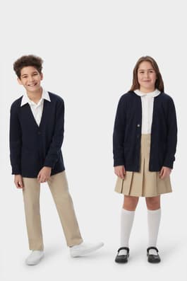 Boy and girl wearing navy French Toast v-neck cardigan sweaters, front view showing button up closure, long sleeves, co-ed fit. of  V-Neck Sweater Cardigan
