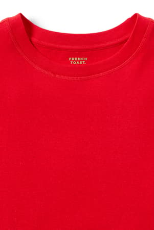 detail view of wide neck collar of  Adaptive Short Sleeve Crewneck Tee