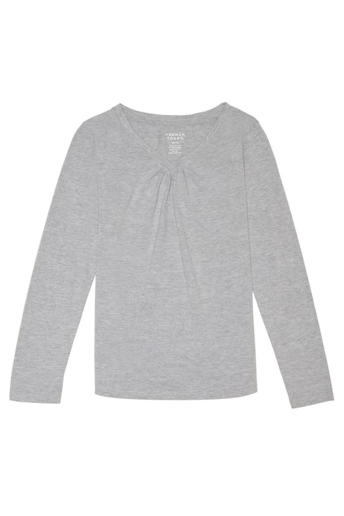 front view of  Long Sleeve Shirred V-Neck Tee