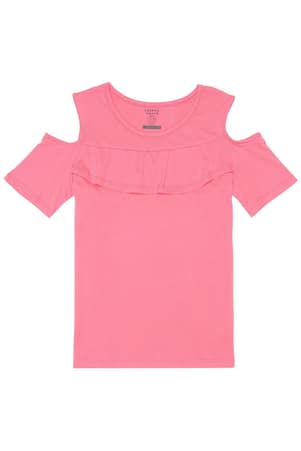 front view of  Short Sleeve Ruffle Front Top