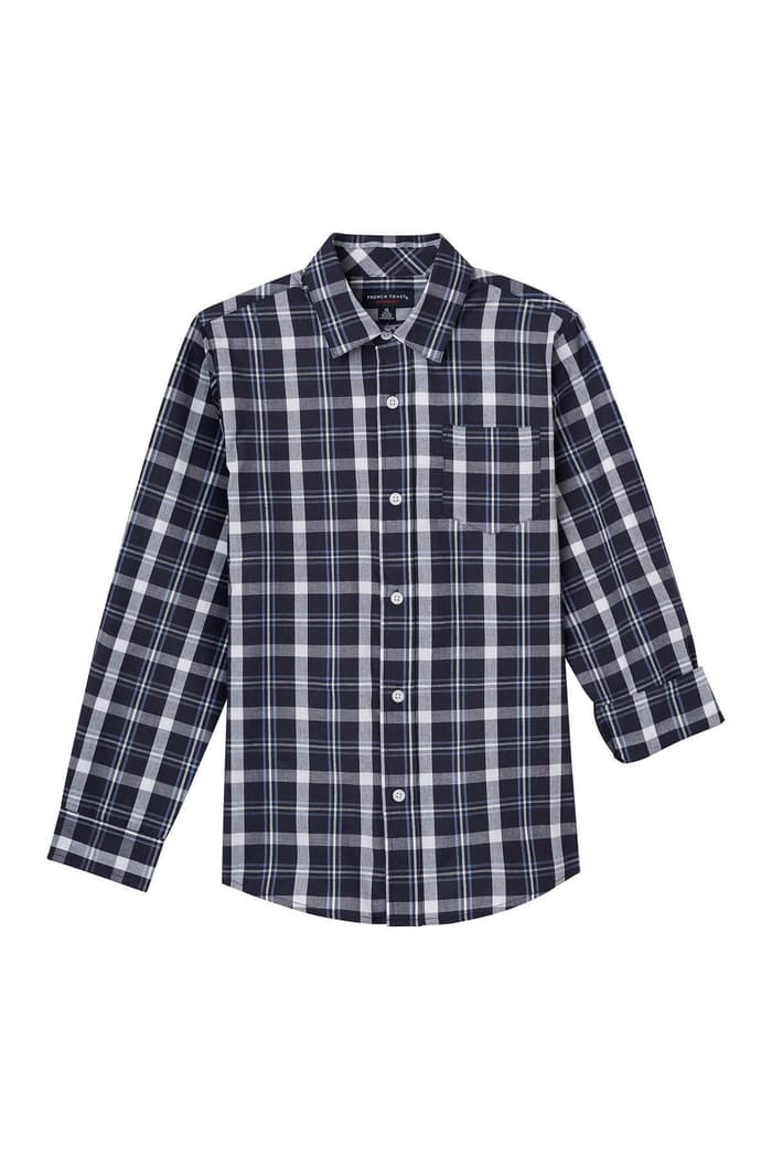 front view of  Long Sleeve Dark Blue Plaid Woven Shirt