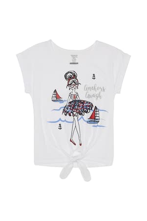 front view of  Short Sleeve Tie Front Beach Graphic Tee
