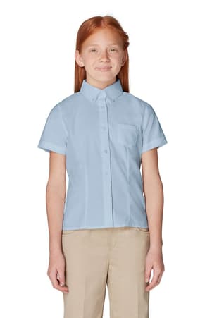 front on figure view of  Short Sleeve Oxford Blouse with Princess Seams