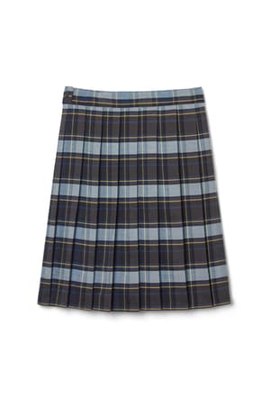 back view of  At The Knee Plaid Pleated Skirt