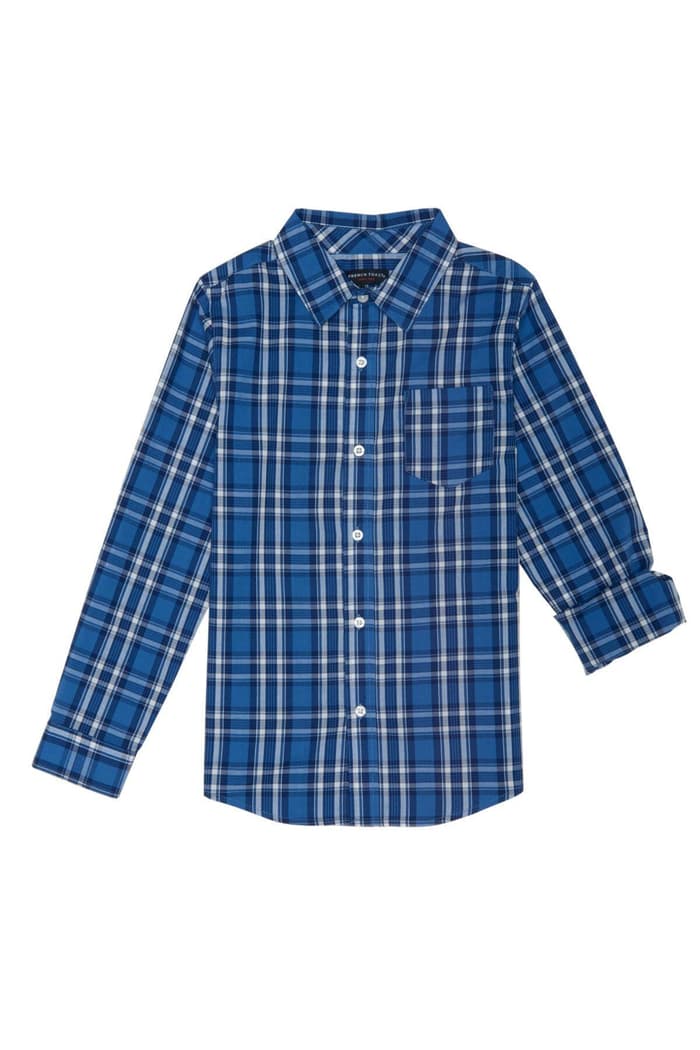 front view of  Long Sleeve Blue Plaid Woven Shirt