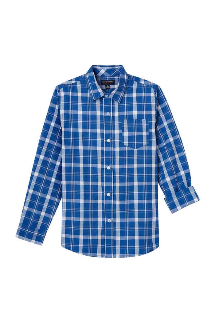 front view of  Long Sleeve Bright Blue Plaid Woven Shirt