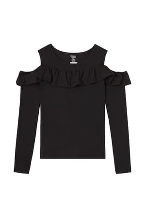 front view of  Long Sleeve Cold Shoulder Ruffle Tee