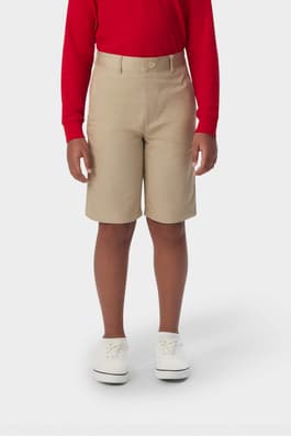 Front shot of boy wearing khaki French Toast boys&#39; pull-on twill short, showing above the knee length and comfortable fit. of  Boys' Pull-On Twill Short