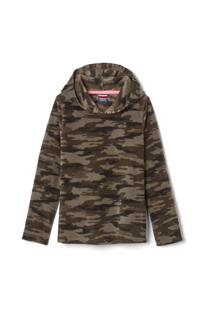 front view of  Green Camo Print Hooded Microfleece