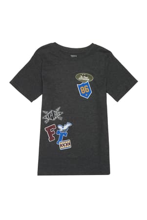 front view of  Gray Short Sleeve Patches Graphic Tee
