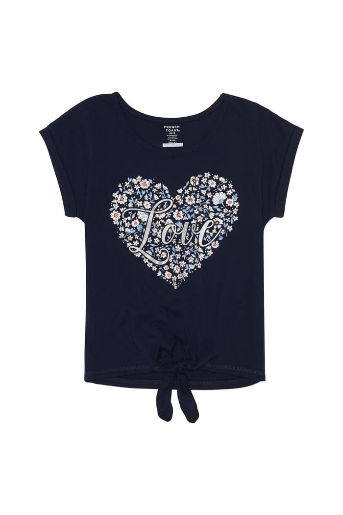 front view of  Short Sleeve Tie Front Love Graphic Tee