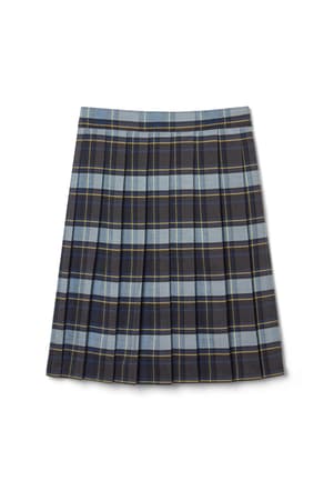 front view of  At The Knee Plaid Pleated Skirt